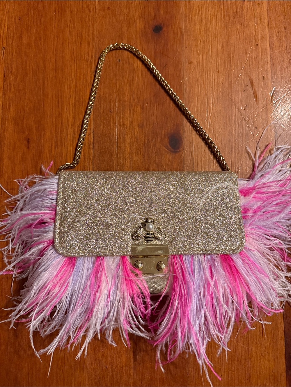 Gold Glitter Bee Feather Clutch with Pink Feather Trim